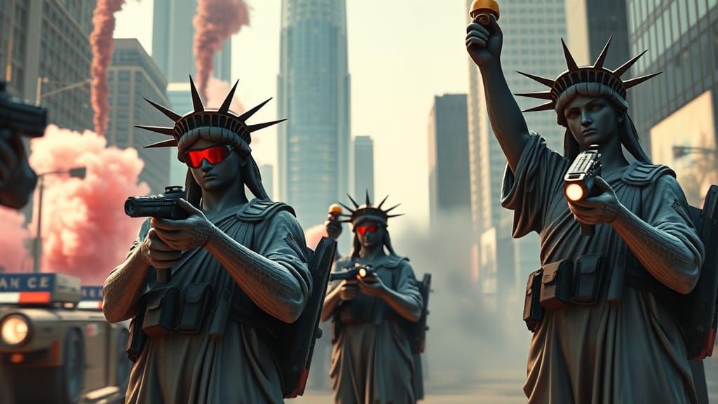 Statues of Liberty Riot Control in Los Angeles