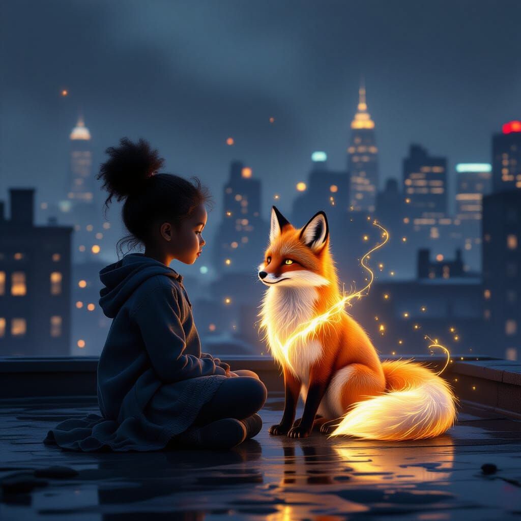 Girl and Magical Fox on Rooftop in Misty City Night
