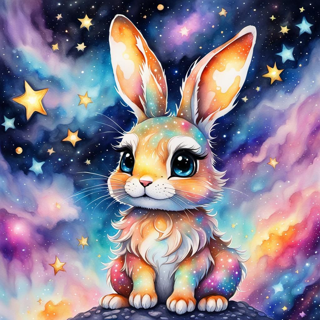Colorful Watercolor Hare in Galactic Nebula