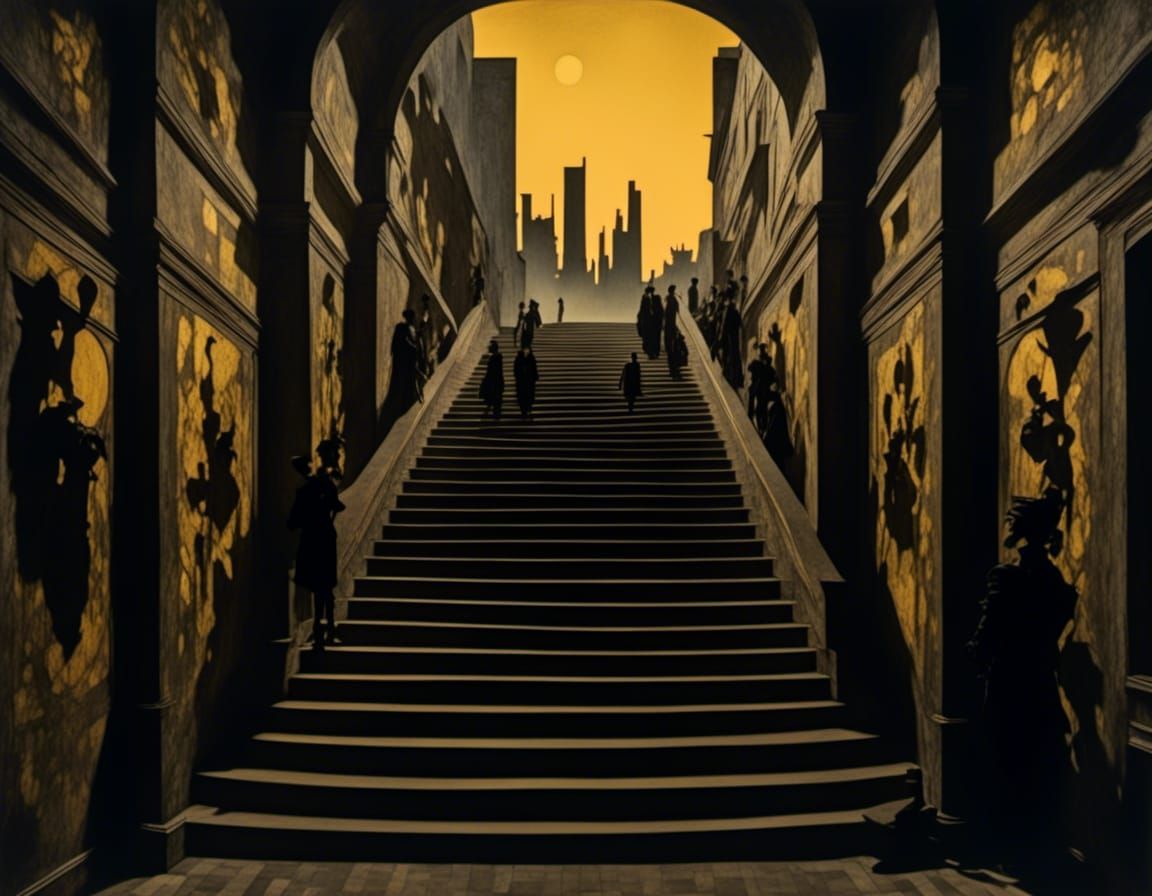 Dystopian Robot City: Stairway to Nowhere in Golden Sunset