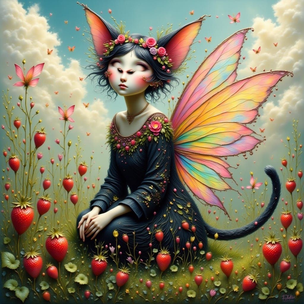 Whimsical Cat Fairy in Strawberry Field, Fairytale Style