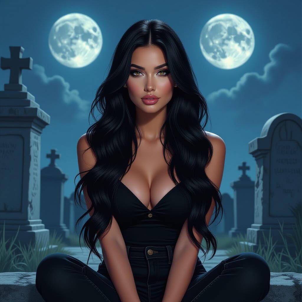 Sensual Woman Near Tomb Under Two Full Moons