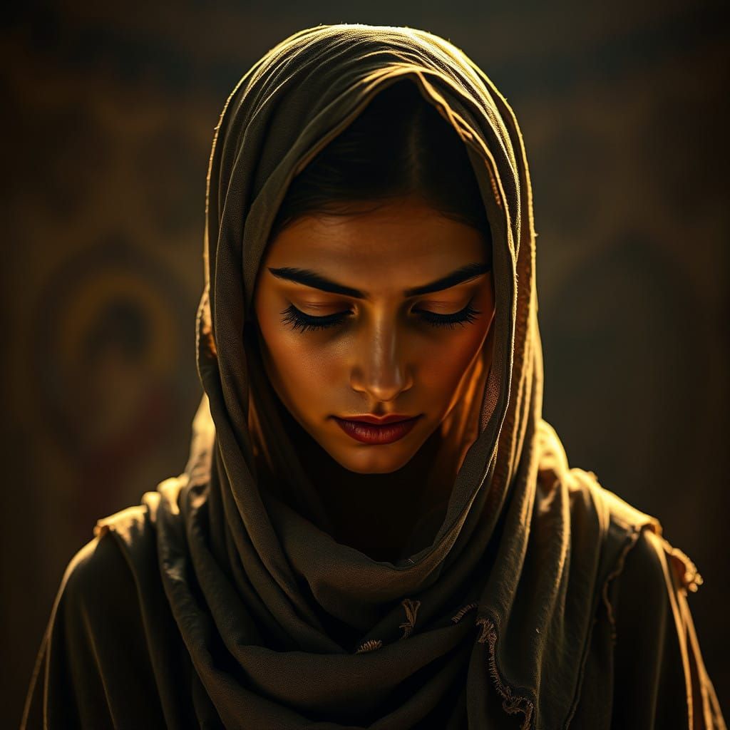 Young Arab Woman Contemplates Forgiveness with Jesus