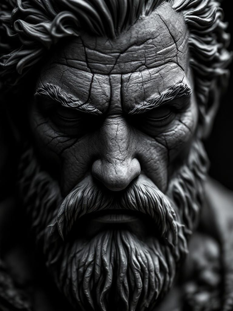 Close-Up Portrait of a Weathered Fantasy Hero Statue