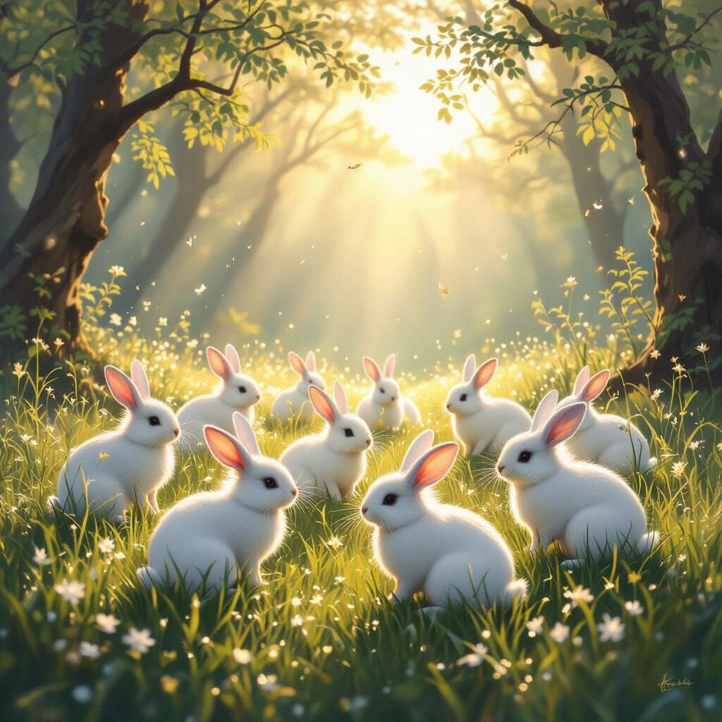 Ethereal White Rabbits in Mystical Forest Sunrise