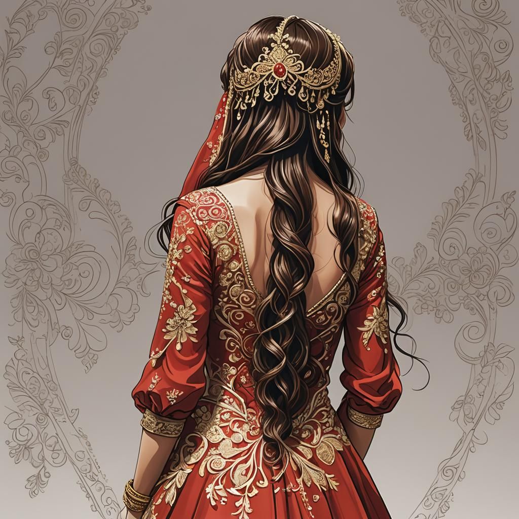 Turkish Bride in Red Dress: Hand-Drawn Anime Sketch