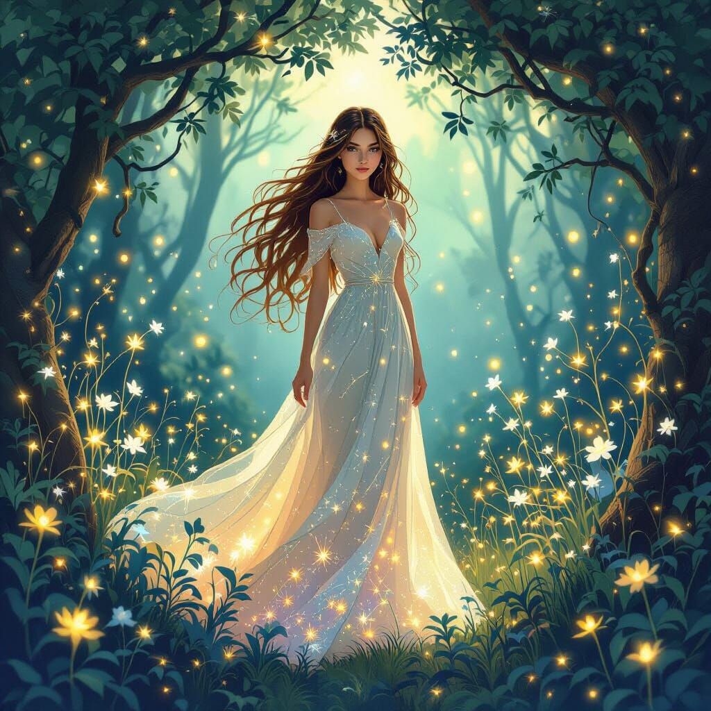 Ethereal Woman in Bioluminescent Grove, Art Nouveau Style