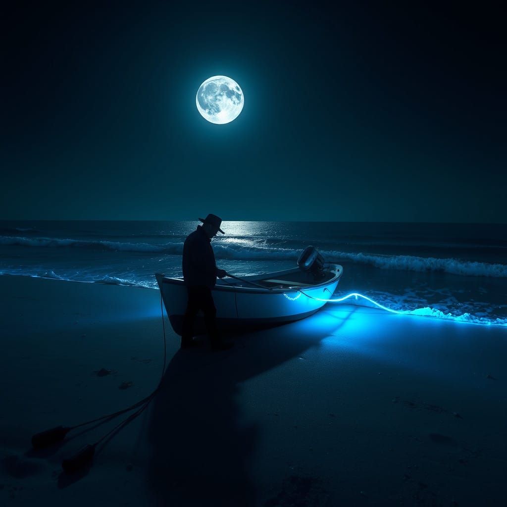 Moonlit Beach Scene with Vibrant Blue Pebbles and Shimmering...