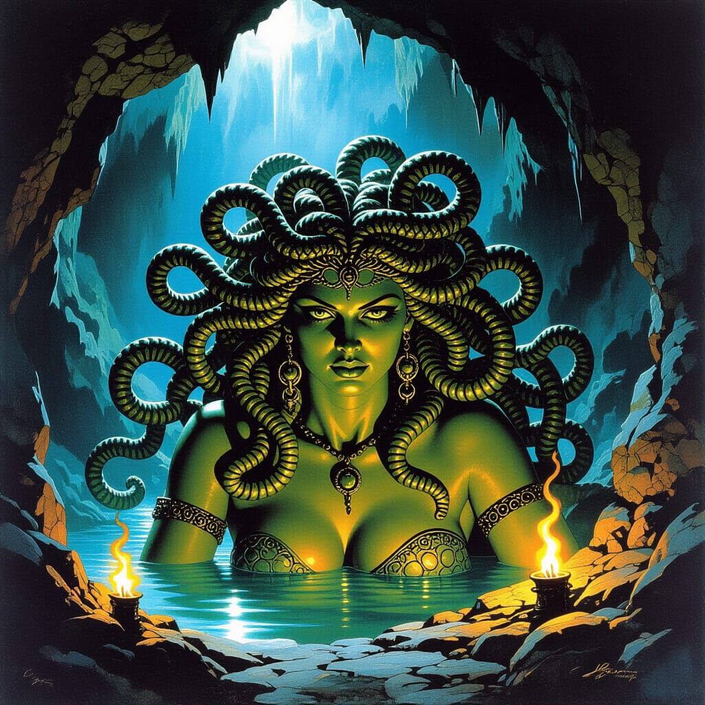 Mythological Medusa in Dark Cave, Fantasy Art