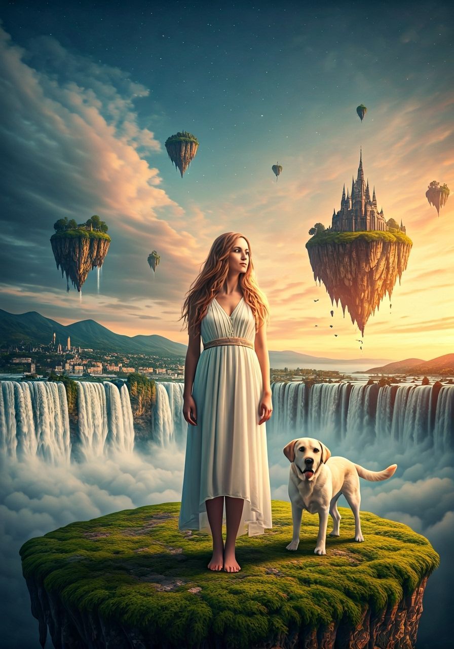 Woman & Dog on Floating Islands with Rainbow Sky