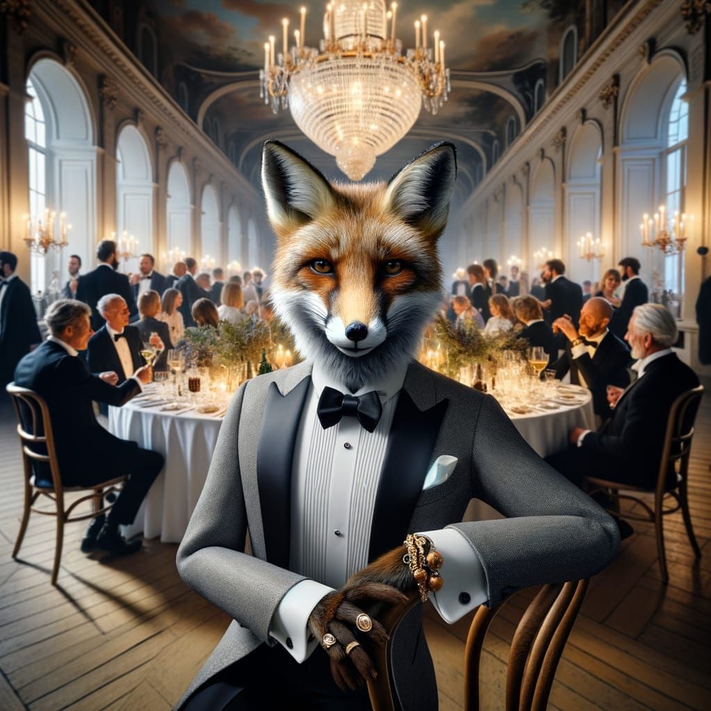 Anthropomorphic Fox in Tuxedo at Elegant Dinner Party
