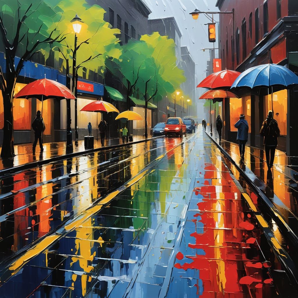 Impasto Painting of a Rainy Urban Street with Colorful Umbre...