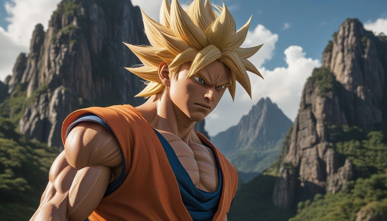 Golden Aura Goku: Fierce Warrior in Majestic Landscape