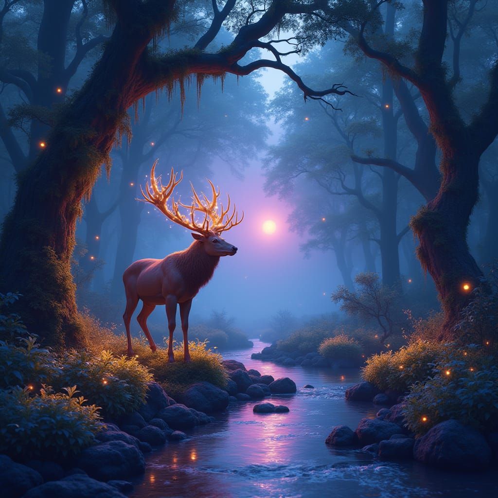 Ethereal Twilight Forest with Bioluminescent Trees and Majes...