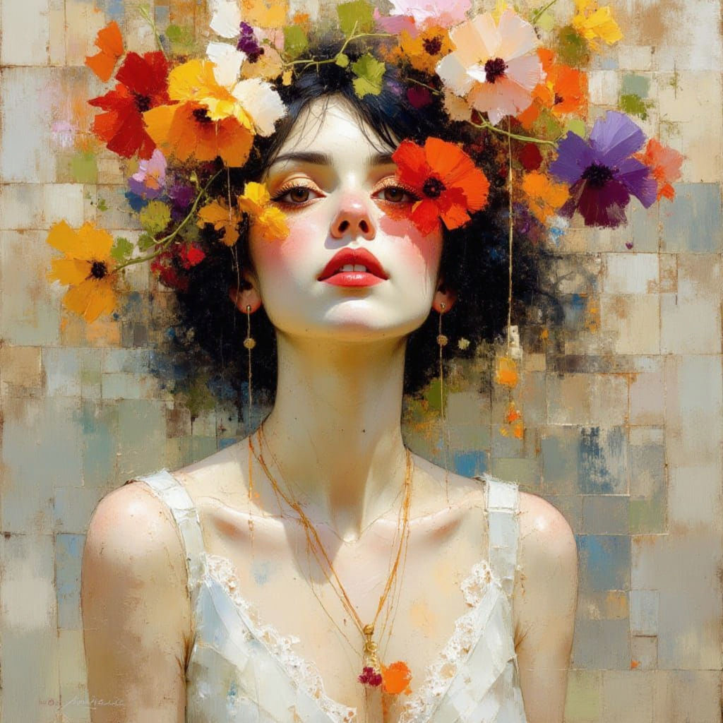 Surreal Floral Pixel Portrait with Serene Eyes