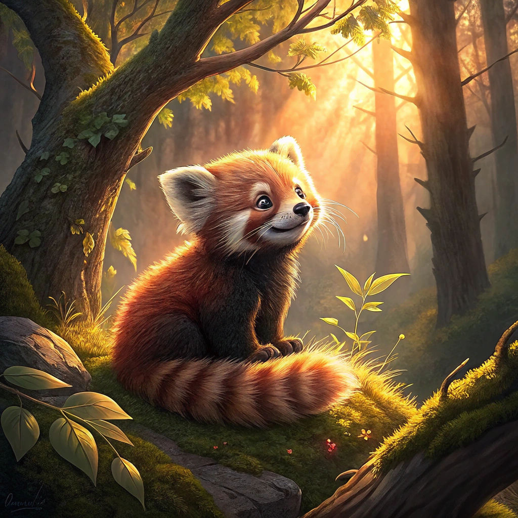 Enchanting Red Panda Cub in Forest at Sunrise