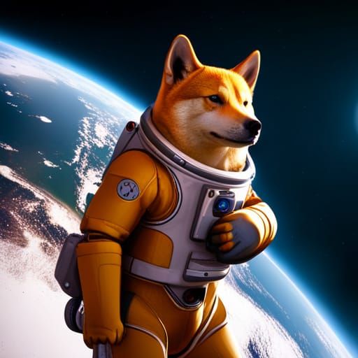 Shiba Inu Astronaut in Space: Detailed Matte Painting