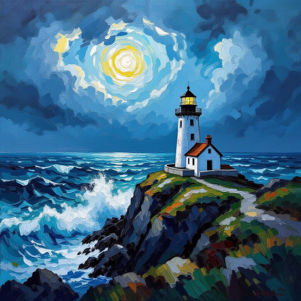 Impasto Lighthouse on Stormy Sea Cliff