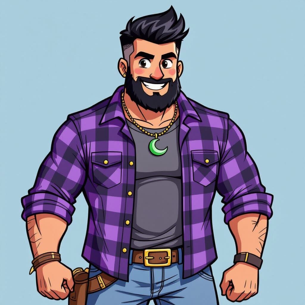 Muscular Cartoon Character with Black Hair and Beard