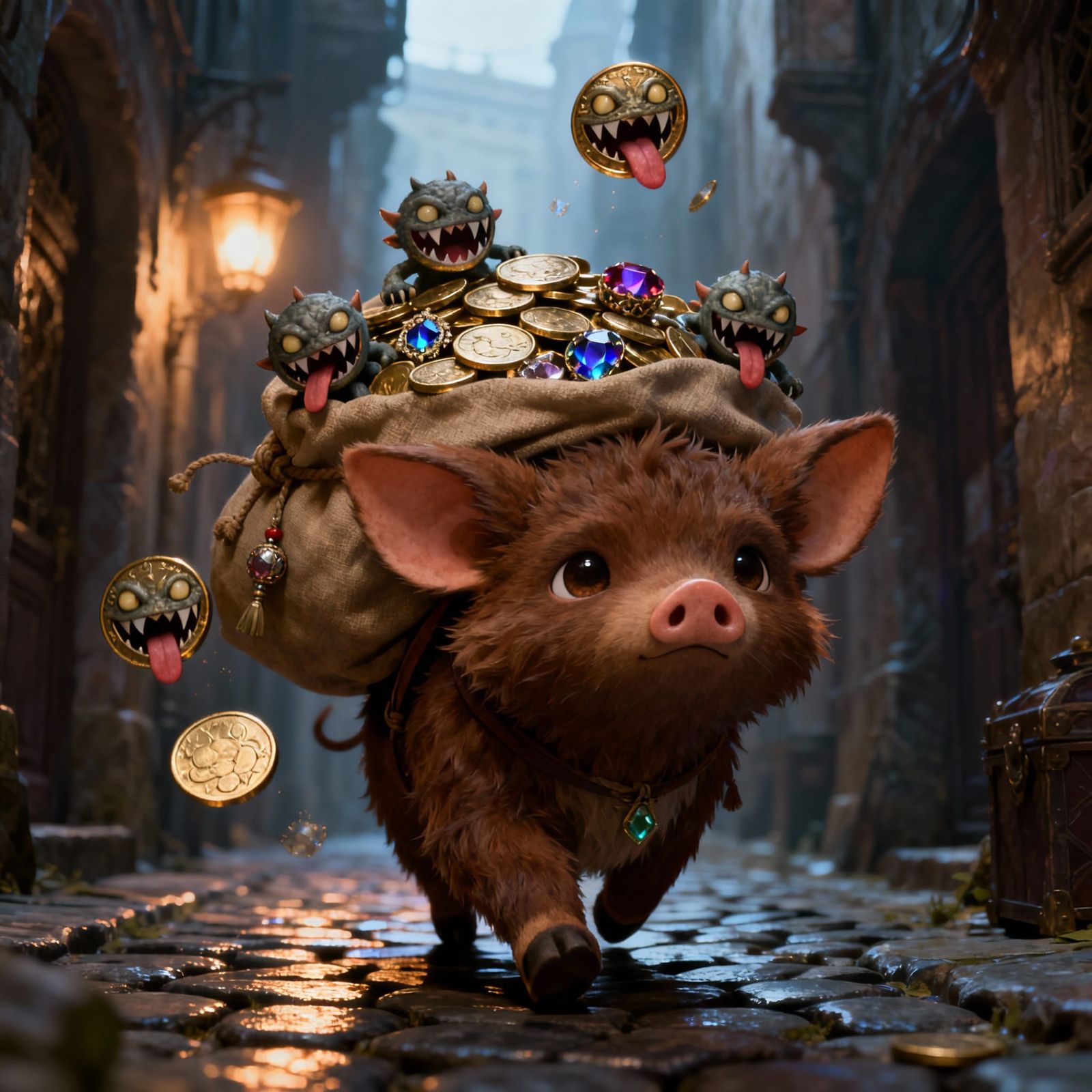 Cute Furry Creature with Mimic Coins in Anime Style