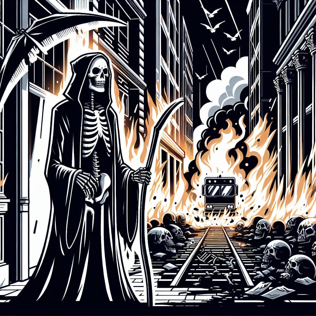 Monochrome Grim Reaper in Burning Building, Vector Style