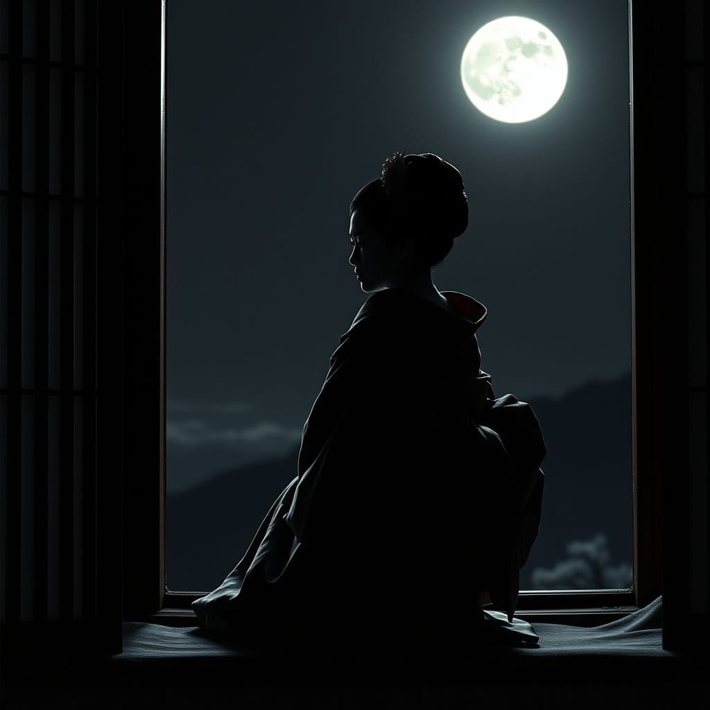 Sorrowful Geisha Silhouette Under Winter Moon