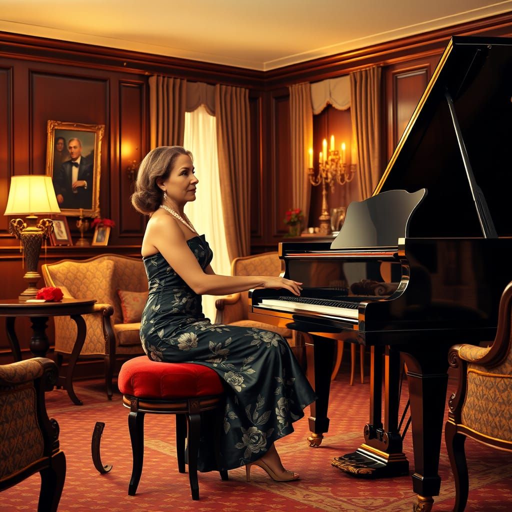 Elegant Woman Plays Piano in Art Deco Living Room