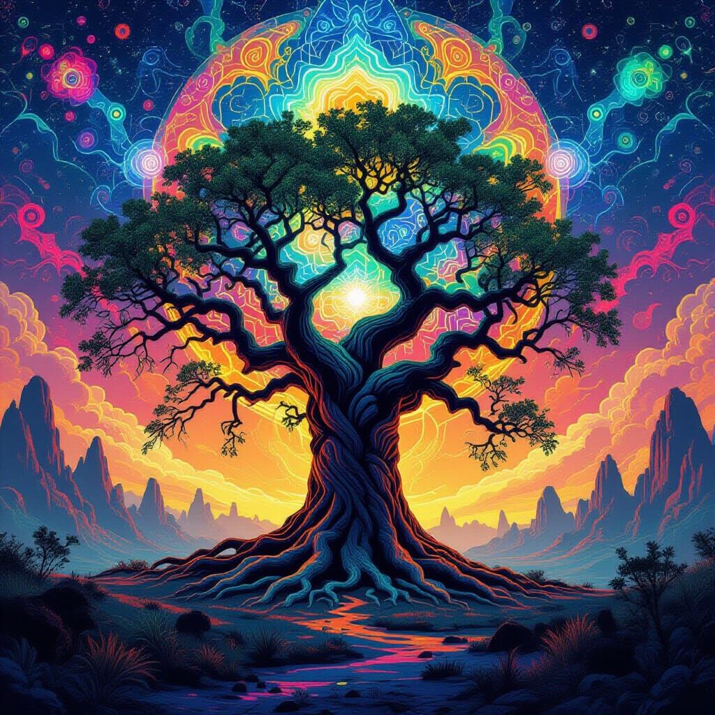 Mystical Ancient Tree in Kaleidoscope Alien World