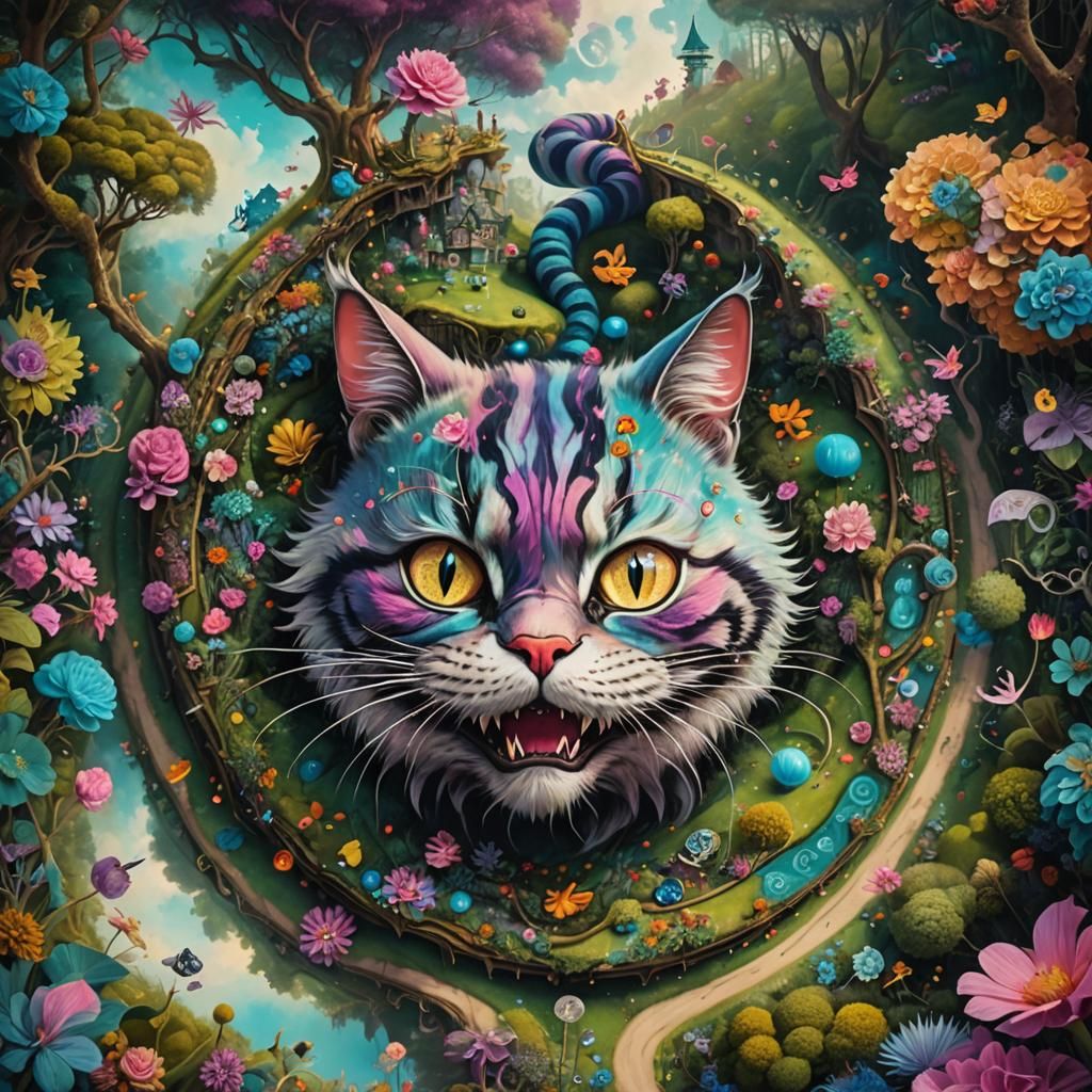 Psychedelic Aerial View of Wonderland with Cheshire Cat