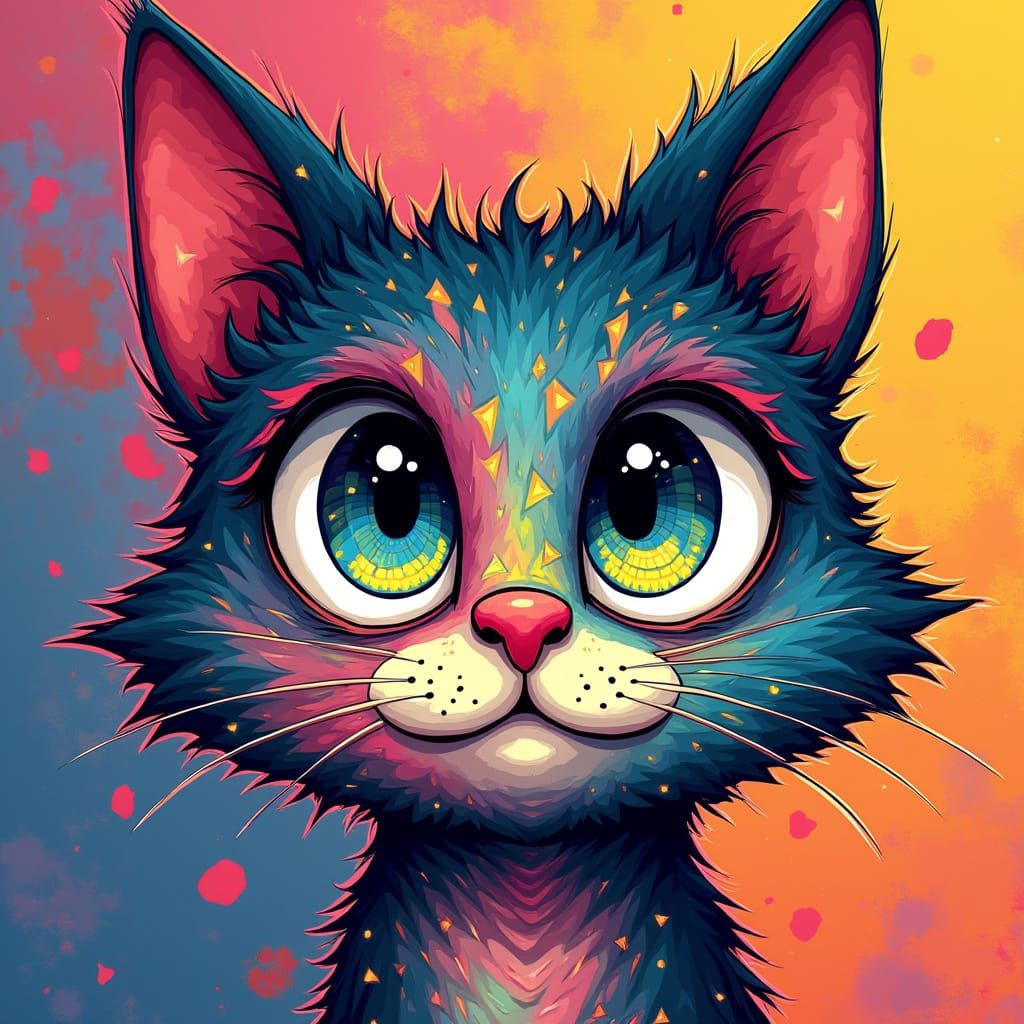 Whimsical Cartoon Cat with Vibrant Geometric Pattern