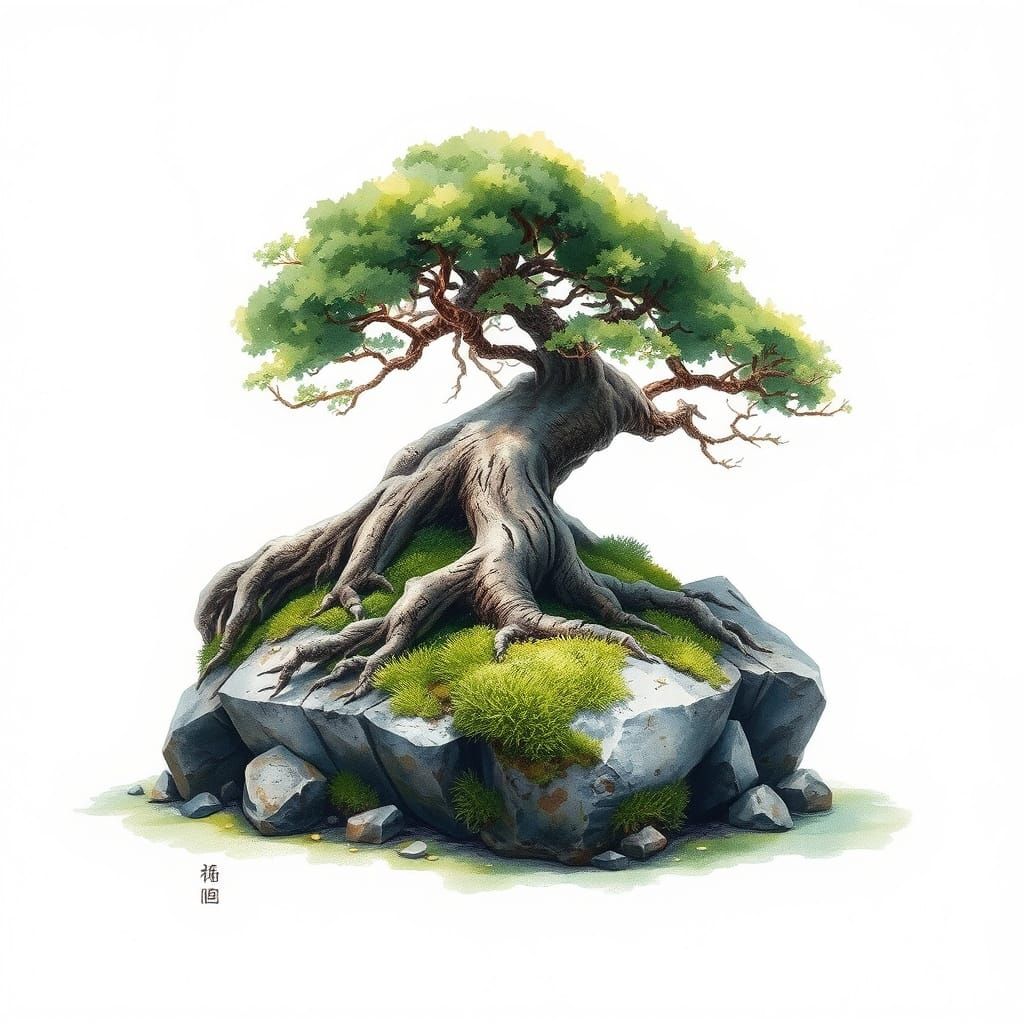 Serene Bonsai Tree with Exposed Roots and Mossy Rocks