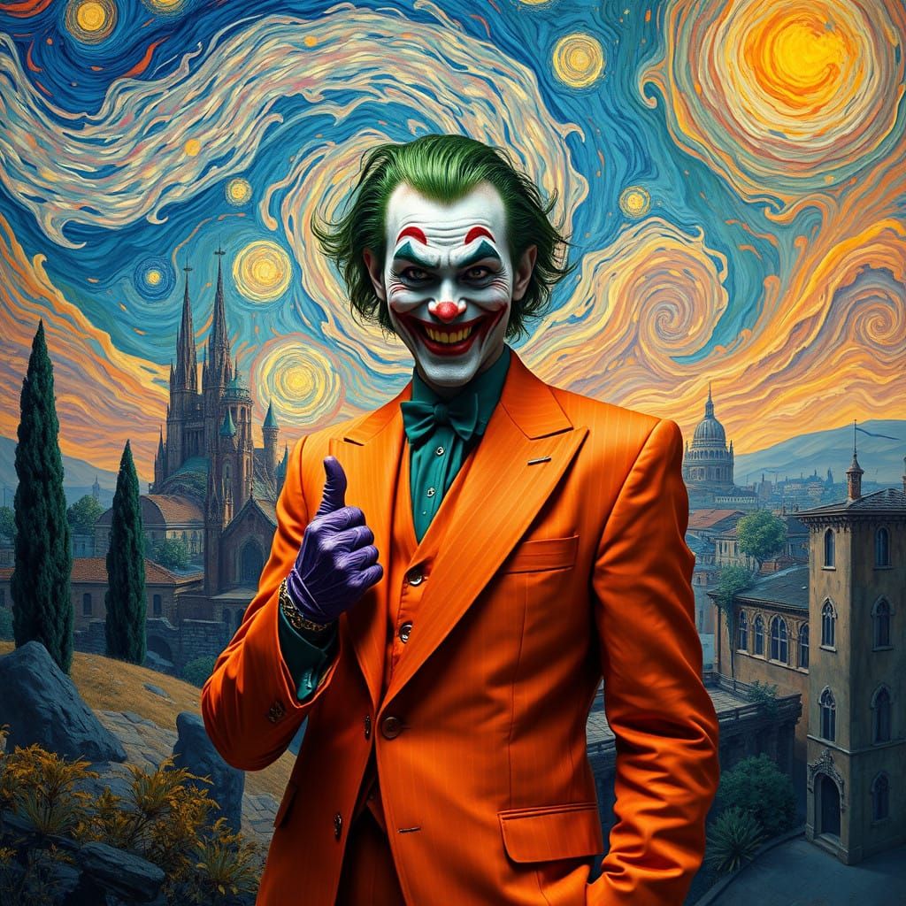 Joker in Vibrant Orange Suit, Amidst Psychedelic Dreamscape