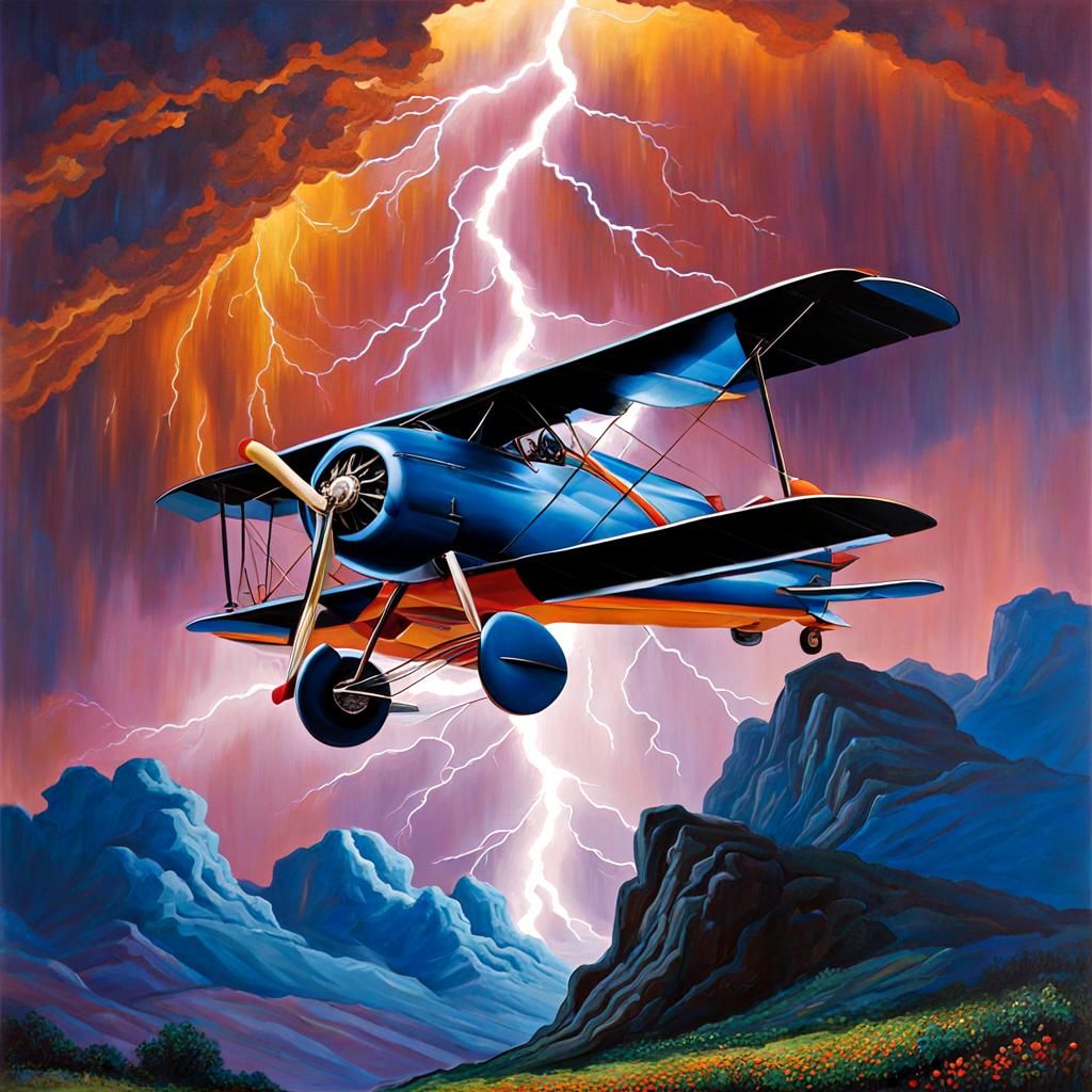 Biplane in Lightning Storm: Surreal Oil Painting