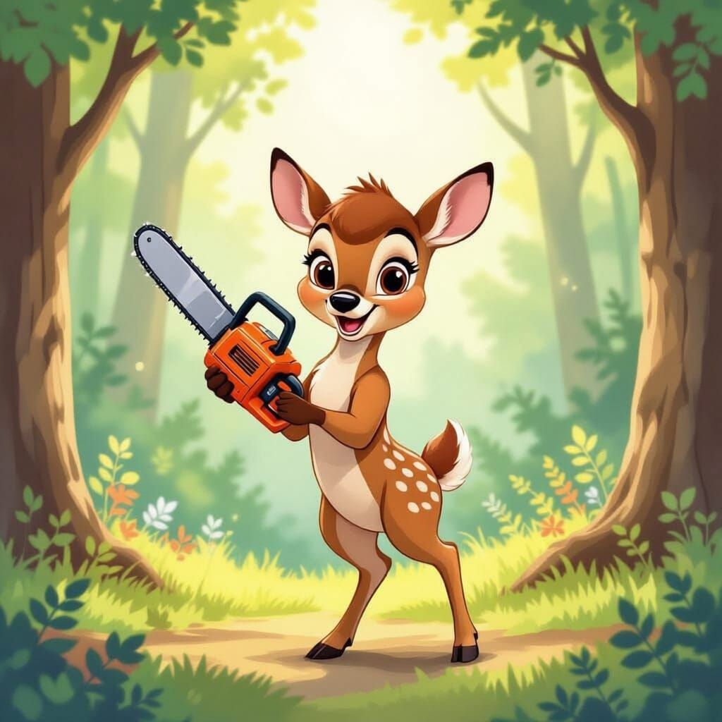 Adorable Deer Character Holding Chainsaw in Forest