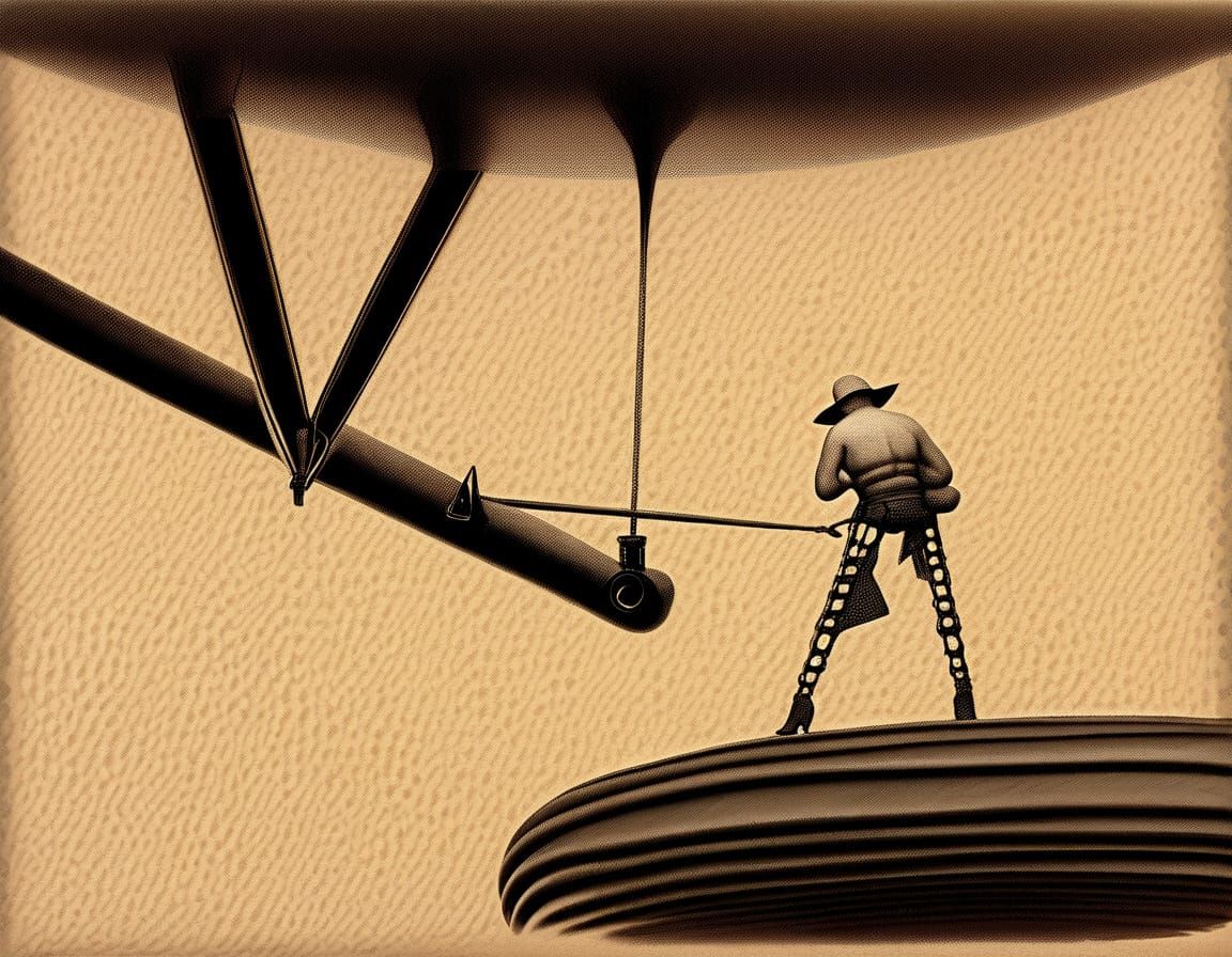 Don Quixote Tilting at Oil Pump, Surreal Charcoal Drawing