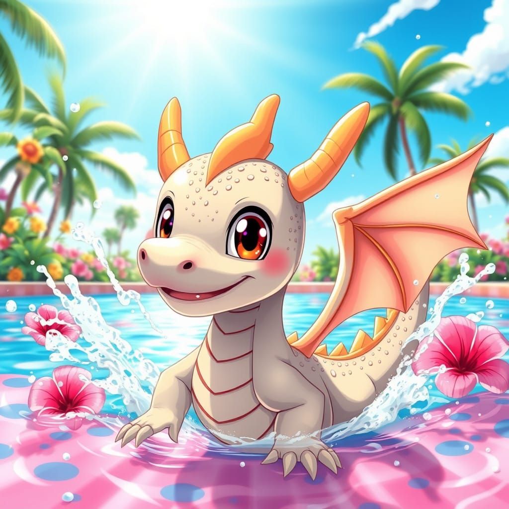 Cheerful Mini Dragon Splashes in a Tropical Pool