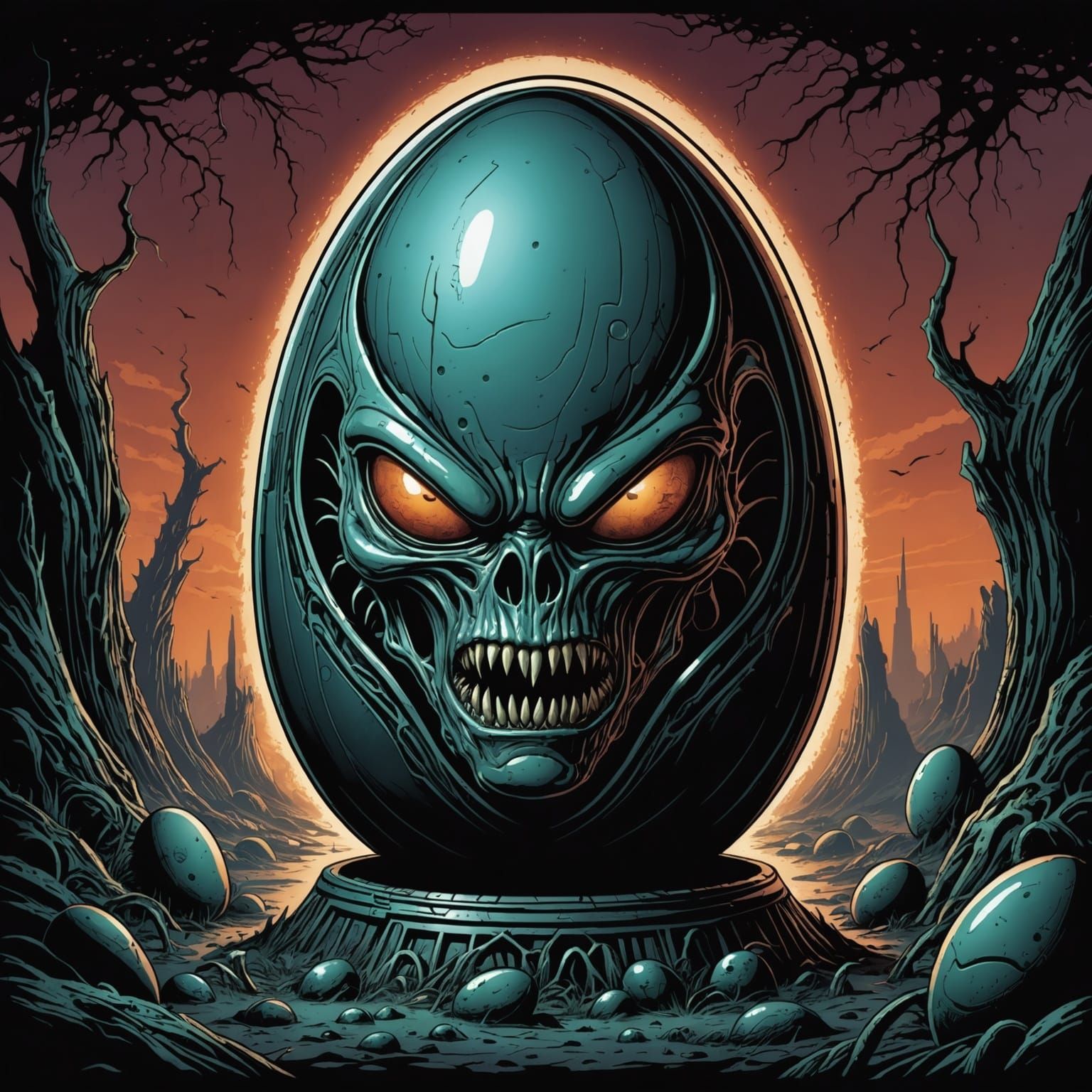 Menacing Alien Egg in Comic Book Style