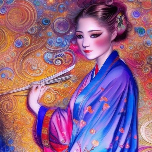 Geisha in Kimono: Detailed Matte Painting with Bokeh