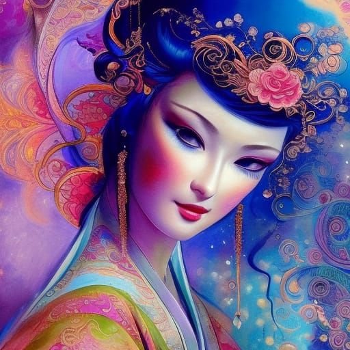 Geisha in Kimono: Detailed Matte Painting with Bokeh