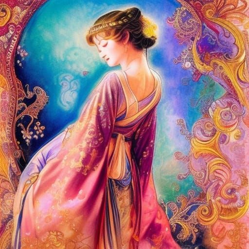 Young Geisha in Kimono Robe with Bokeh Effect