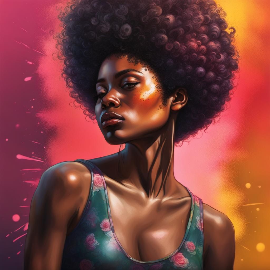 Hyperrealistic Splash Art: Black Woman with Rose Afro