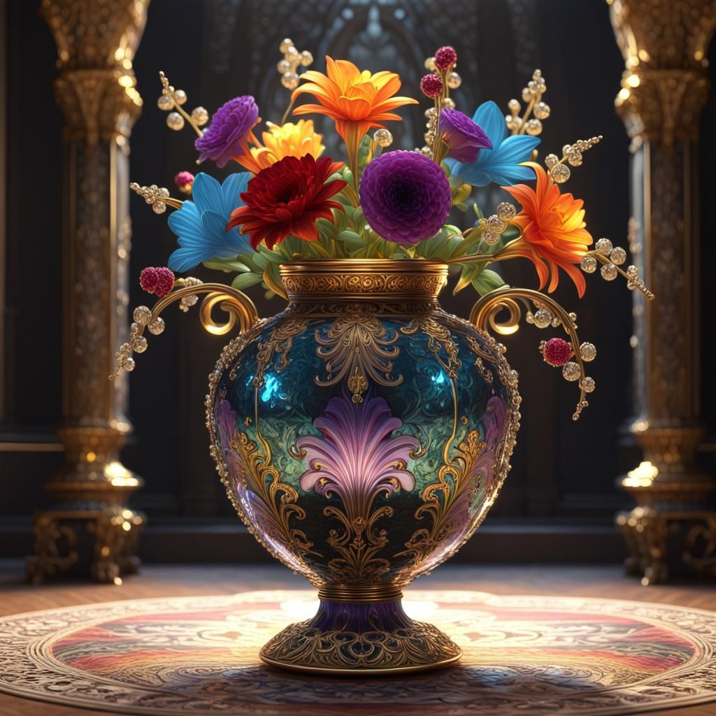 Opulent Crystal Vase with Dark Bouquet, 8K