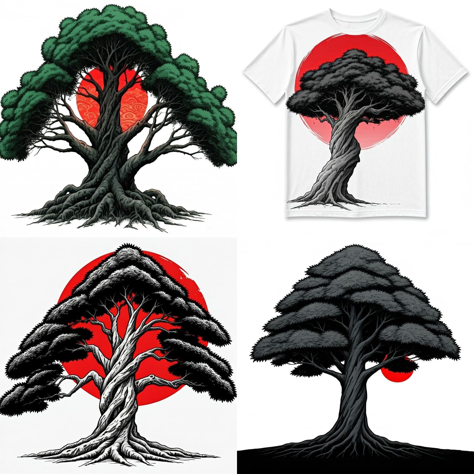 Manga-Style Tree in Front of a Red Chinese Sun