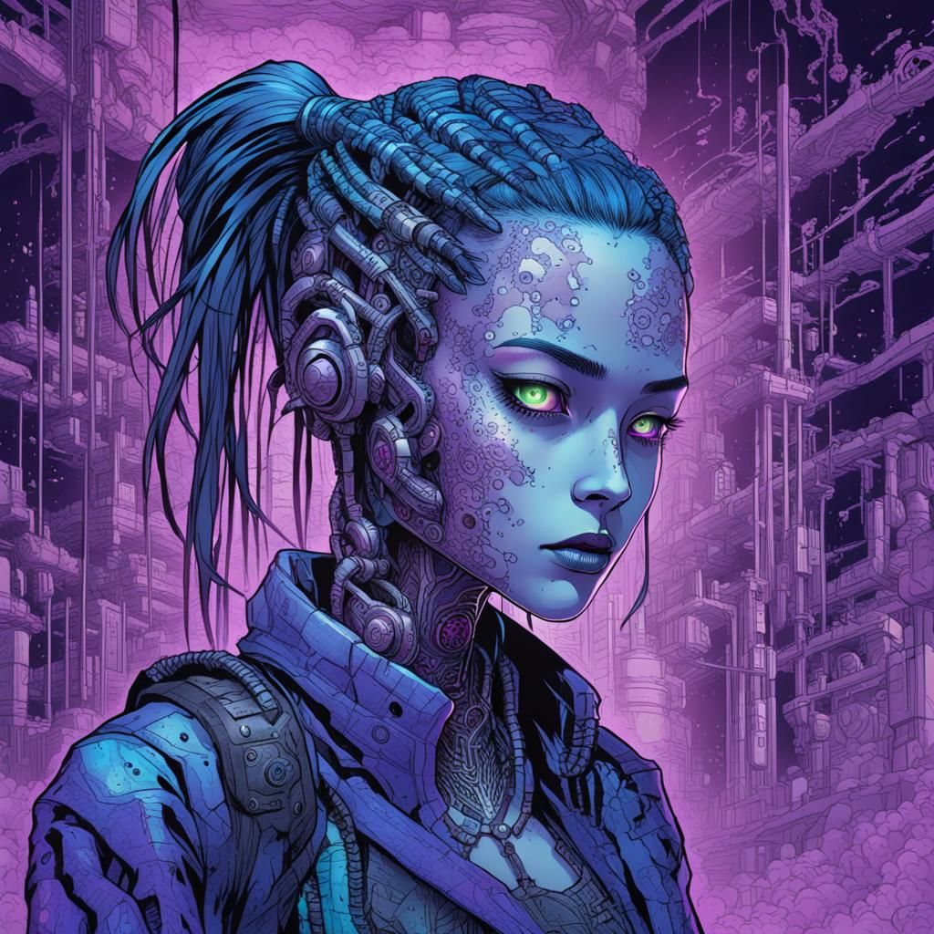 Cyberpunk Biomechanical Girl Ascends to Hellish Realm