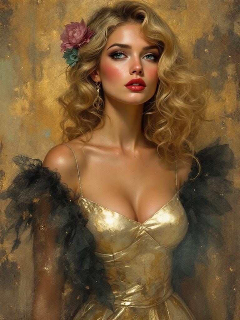 Blonde Pin-Up in Gold Leaf Dress, Art Nouveau Style