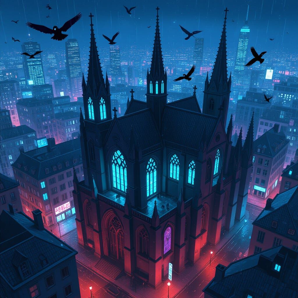 Anime Cyberpunk City at Night with Gargoyles