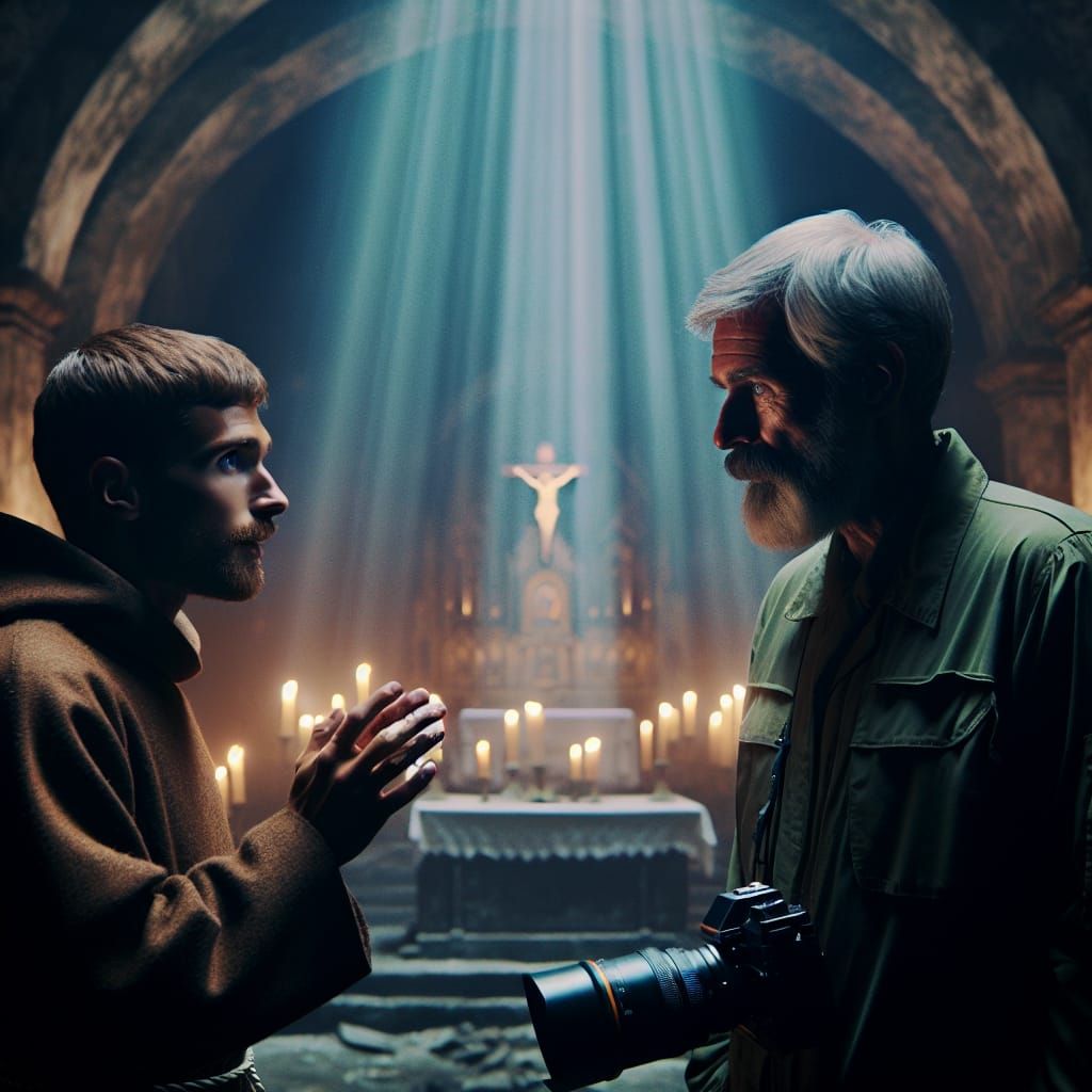 St. Francis Preaching to a Geologist: Cinematic Film Still