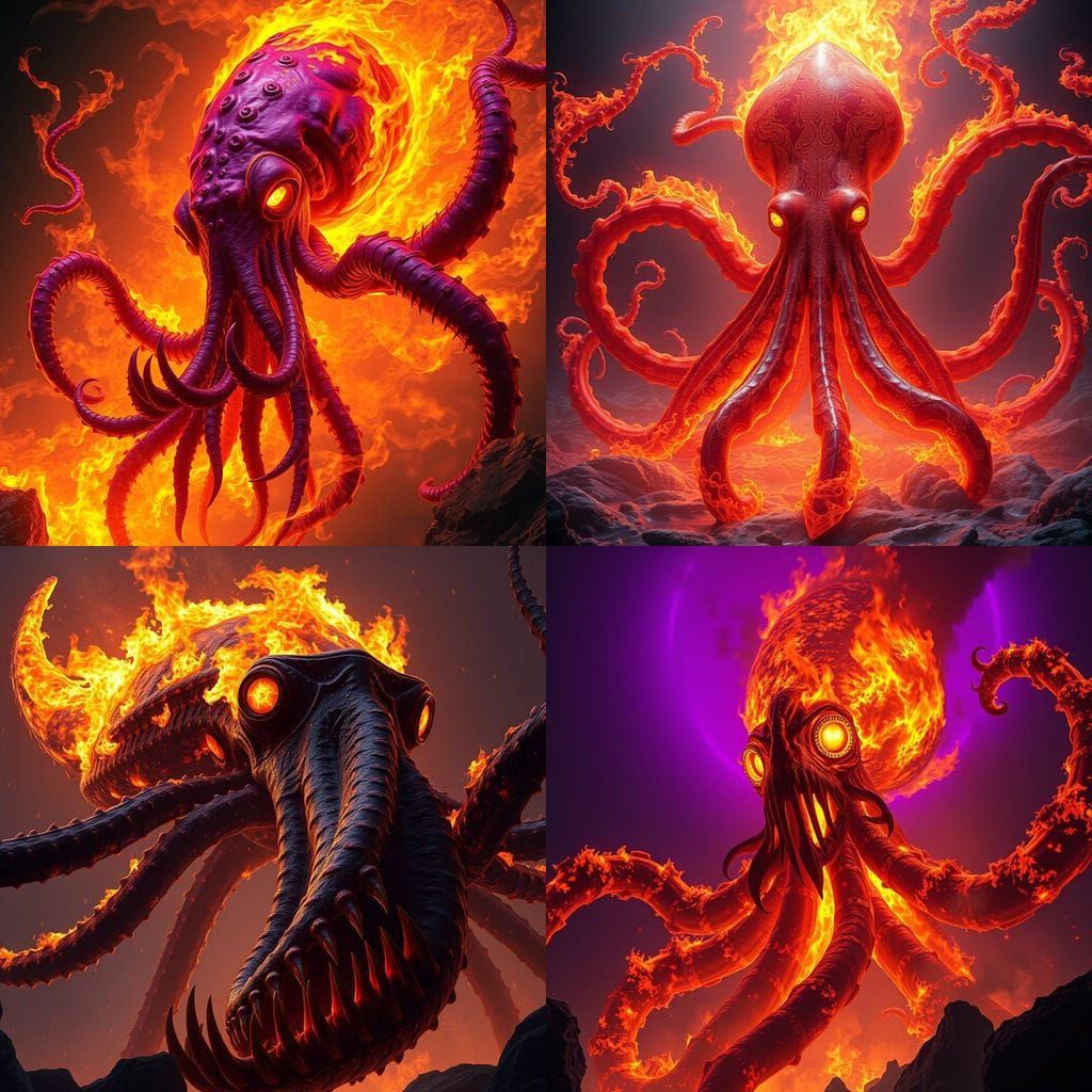 A 6000 ft tall fire squid with tentacles. There’s teeth everywhere. It’s on fire and it’s neck is long and there lots of...
