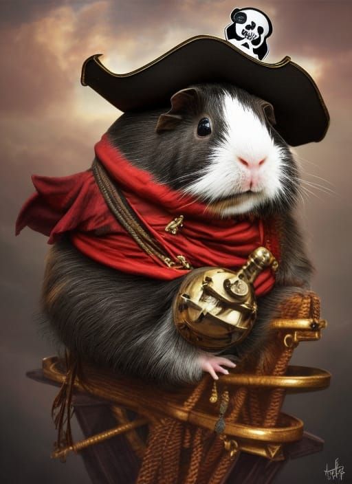 Guinea Pig Pirate on Ship, Detailed Digital Art