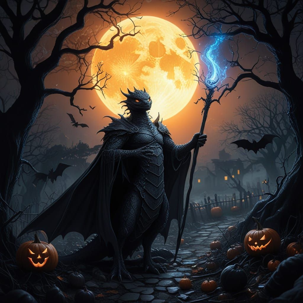 Baby Dragon Emerging From Halloween Pumpkin Patch Charcoal D...